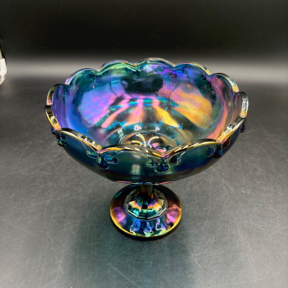 Fenton Blue Carnival Iridescent Glass Compote Drapery Scalloped Pedestal Bowl